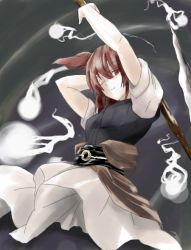 Rule 34 | 1girl, arms up, female focus, floating, from below, ghost, hitodama, holding, holding weapon, japanese clothes, kajiki, kimono, looking at viewer, looking down, obi, oekaki, onozuka komachi, polearm, puffy short sleeves, puffy sleeves, red eyes, red hair, sash, short hair, short sleeves, solo, touhou, twintails, two side up, weapon