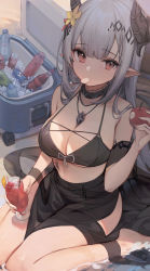 Rule 34 | 1girl, apple, arknights, bikini, black bikini, black choker, breasts, choker, cleavage, commentary request, cooler, cup, drinking glass, flower, food, from above, fruit, grey hair, hair flower, hair ornament, halterneck, hand up, highres, holding, horns, infection monitor (arknights), jewelry, large breasts, long hair, looking at viewer, material growth, mouth hold, mudrock (arknights), mudrock (silent night) (arknights), necklace, nekojira, official alternate costume, official art, oripathy lesion (arknights), pointy ears, red eyes, sarong, sidelocks, sitting, solo, string bikini, swimsuit, tropical drink, wariza