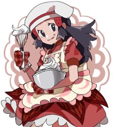 Rule 34 | 1girl, apron, black eyes, blue hair, bowl, closed mouth, creatures (company), dark blue hair, dawn (palentine&#039;s 2021) (pokemon), dawn (pokemon), dress, food-themed hair ornament, game freak, hair ornament, hand up, headscarf, highres, holding, holding bowl, holding whisk, long hair, nintendo, official alternate costume, oven mitts, pokemon, pokemon masters ex, puffy short sleeves, puffy sleeves, red dress, shichibee (stm mimi), short sleeves, smile, solo, strawberry hair ornament, tongue, tongue out, whipped cream, whisk, white apron