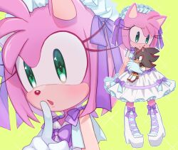 1girl :o alternate_costume amy_rose animal_ears bow character_doll dress eyelashes frown furry furry_female gloves green_eyes hedgehog_girl highres holding holding_stuffed_toy konjiki_ringo lolita_fashion looking_at_viewer maid_headdress open_mouth pink_fur pink_hair purple_bow shadow_the_hedgehog simple_background solo_focus sonic_(series) standing stuffed_toy white_dress white_footwear white_gloves yellow_background