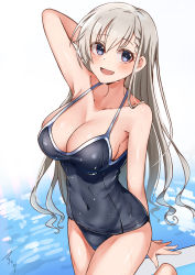 Rule 34 | 1girl, absurdres, arm behind head, arm up, blue eyes, braid, braided bangs, breasts, cleavage, commentary request, covered navel, cowboy shot, feet out of frame, female focus, grey hair, grey one-piece swimsuit, highres, hisakawa hayate, idolmaster, idolmaster cinderella girls, large breasts, long hair, looking at viewer, mabanna, one-piece swimsuit, open mouth, school swimsuit, signature, simple background, smile, solo, standing, standing on one leg, swimsuit, water, wet, white background