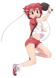 Rule 34 | 1girl, full body, hair ornament, hair ribbon, hairclip, holding, midriff, navel, official art, open mouth, paddle, red eyes, red hair, ribbon, shakunetsu no takkyuu musume, shoes, short shorts, short sleeves, short twintails, shorts, sneakers, socks, solo, table tennis paddle, transparent background, tsumujikaze koyori, twintails, white background, white socks, wristband