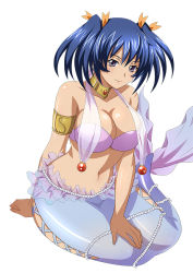 Rule 34 | 00s, 1girl, bare shoulders, bashoku youjou, blue hair, breasts, cleavage, female focus, hair ornament, ikkitousen, large breasts, legs, looking at viewer, mermaid, monster girl, navel, purple eyes, short twintails, sitting, smile, solo, twintails