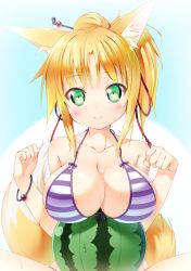 Rule 34 | 10s, 1girl, animal ears, bare shoulders, bikini, blonde hair, blush, bracelet, breasts, cleavage, collarbone, dog days, food, fox ears, fox tail, fruit, green eyes, hair ornament, highres, jewelry, kazuma (kazumav), large breasts, looking at viewer, ponytail, sideboob, smile, solo, striped bikini, striped clothes, swimsuit, tail, upper body, watermelon, wet, yukikaze panettone