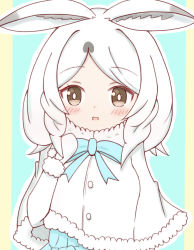 Rule 34 | 1girl, animal ear fluff, animal ears, arctic hare (kemono friends), blue background, blue bow, blush, bow, brown eyes, capelet, commentary request, fur-trimmed capelet, fur-trimmed sleeves, fur trim, highres, kemono friends, long hair, long sleeves, looking at viewer, mittens, outline, parted bangs, parted lips, rabbit ears, solo, sunanuko (ramuneko), upper body, white capelet, white hair, white mittens, white outline