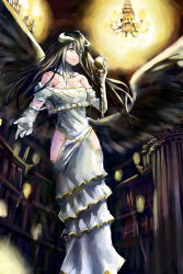 Rule 34 | 1girl, absurdres, albedo (overlord), black hair, dress, elbow gloves, gloves, highres, holding, indoors, jeffrey10, long hair, looking at viewer, overlord (maruyama), solo, white dress, white gloves, yellow eyes