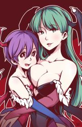 Rule 34 | 2girls, asymmetrical docking, bare shoulders, breast press, breasts, bridal gauntlets, cleavage, demon girl, fang, flat chest, green eyes, green hair, head wings, highres, joelyn lai, large breasts, leotard, lilith aensland, long hair, looking at viewer, lyn (shunao), morrigan aensland, multiple girls, open mouth, pantyhose, purple hair, red background, red eyes, red leotard, short hair, demon girl, vampire (game), wings