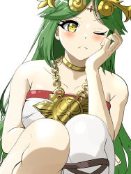 Rule 34 | 1girl, ;t, ancient greek clothes, bare arms, bare shoulders, blush, breasts, chiton, closed mouth, collarbone, commentary request, dress, feet out of frame, green hair, hand up, highres, kid icarus, knees up, long hair, looking at viewer, medium breasts, nintendo, one eye closed, palutena, pantyhose, parted bangs, pout, simple background, solo, squatting, strapless, strapless dress, taka p (zelda27th), upper body, very long hair, white background, white dress, white pantyhose, yellow eyes
