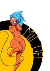 Rule 34 | alien, arms behind back, bdsm, blue hair, bondage, bound, breasts, breasts out, colored skin, eyemask, gag, gagged, highres, no nose, red skin, sven (svenners), undercut