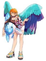 Rule 34 | 1girl, bird girl, bird tail, bird wings, blue hair, blue wings, body freckles, braid, breasts, brown camisole, brown collar, camisole, cigarette, collar, earrings, fang, feathered wings, floral print, freckles, full body, hair over shoulder, hand up, hawaiian shirt, highres, holding, holding cigarette, inflatable orca, inflatable toy, jewelry, large breasts, long hair, long sleeves, looking at viewer, mole, mole under mouth, multicolored hair, open mouth, orange hair, original, pearl earrings, red pupils, rramarukun, sandals, shirt, short shorts, shorts, simple background, single braid, smoke trail, solo, standing, streaked hair, tail, white background, white shorts, wings, yellow eyes