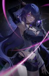 Rule 34 | 1girl, absurdres, acheron (honkai: star rail), arm up, armpits, bare shoulders, belt, black belt, black choker, black shorts, breasts, choker, cleavage, commentary request, cowboy shot, hair over one eye, highres, holding, holding sword, holding weapon, honkai: star rail, honkai (series), katana, large breasts, long hair, looking at viewer, lux (3725), midriff, navel, open mouth, purple eyes, purple hair, shorts, single bare shoulder, solo, standing, stomach, sword, thighs, very long hair, weapon
