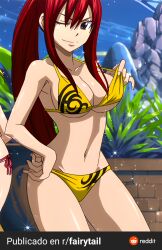 Rule 34 | belly, bikini, breasts, brown eyes, erza scarlet, fairy tail, highres, large breasts, navel, one eye closed, red hair, swimsuit, thick thighs, thighs, wide hips, wink, yellow bikini