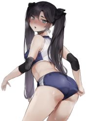 Rule 34 | 1girl, adjusting clothes, adjusting legwear, ass, black hair, blue eyes, blush, buruma, cameltoe, commission, earrings, elbow pads, funyo (masa), genshin impact, hair ornament, hair ribbon, hair scrunchie, heavy breathing, highres, jewelry, long hair, looking at viewer, looking back, midriff, mona (genshin impact), open mouth, ribbon, scrunchie, shorts, simple background, skeb commission, solo, sports bra, sportswear, sweat, twintails, white background
