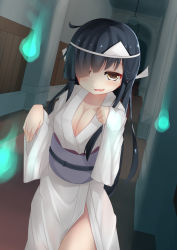 Rule 34 | 10s, 1girl, alternate costume, bad id, bad pixiv id, black hair, breasts, cleavage, commentary request, dutch angle, ghost costume, hair over one eye, hallway, hanging light, hayashimo (kancolle), hitodama, indoors, japanese clothes, kantai collection, long hair, looking at viewer, ne an ito, obi, sash, smirk, solo, triangular headpiece, yellow eyes
