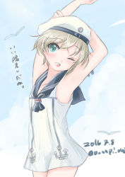 Rule 34 | &gt; o, 10s, 1girl, ;d, aqua eyes, armpits, arms behind head, arms up, bunapi (bunapii), commentary request, dated, dress, eyebrows, hat, highres, kantai collection, one eye closed, open mouth, sailor dress, sailor hat, short hair, silver hair, smile, solo, twitter username, white hat, z1 leberecht maass (kancolle)