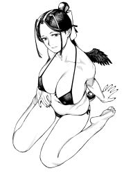 Rule 34 | 1girl, bare shoulders, barefoot, bikini, bird wings, breasts, collarbone, commentary request, covered erect nipples, full body, greyscale, hamada yoshikazu, highres, kokuyou (tsugumomo), large breasts, looking at viewer, mini wings, monochrome, navel, official art, panties, parted bangs, ponytail, simple background, sitting, solo, swimsuit, tsugumomo, underwear, wariza, wings