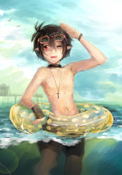 Rule 34 | 1boy, bad id, bad pixiv id, black hair, carrot (carrotsgame), child, choker, cross, cross necklace, day, demon boy, eyewear on head, glasses, horns, innertube, jewelry, lifebuoy, looking at viewer, male focus, necklace, one eye closed, original, outdoors, red eyes, solo, swim ring, topless male