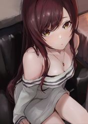 Rule 34 | 1girl, bare legs, bare shoulders, blush, breasts, brown hair, cleavage, couch, dress, from above, grey sweater, highres, idolmaster, idolmaster shiny colors, indoors, jewelry, long hair, long sleeves, looking at viewer, looking up, medium breasts, musunde hiraite (mh5jta), necklace, off shoulder, on couch, open mouth, osaki amana, sitting, sleeves past wrists, solo, sweater, sweater dress, swept bangs, yellow eyes