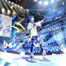 Rule 34 | 1boy, akiyoshi (tama-pete), arm up, belt, black leggings, blue eyes, blue hair, boots, commentary request, concert, confetti, crowd, facing ahead, fingerless gloves, full body, gloves, glowstick, hair between eyes, hand on own chest, kaito (vocaloid), leggings, male focus, multiple belts, music, open mouth, scarf, shadow, shirt, short hair, singing, solo focus, stage lights, standing, vocaloid, white footwear, yellow scarf