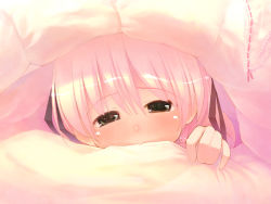 Rule 34 | 1girl, bed, blush, brown eyes, chinchickrin, original, peeking out, pink hair, solo, tears, under covers