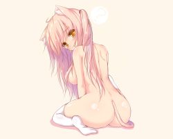 Rule 34 | 1girl, ?, ahoge, animal ears, ass, blush, breasts, cat ears, cat girl, cat tail, commentary request, hair over breasts, hair over shoulder, kneeling, large breasts, long hair, looking at viewer, nude, open mouth, original, pink hair, shia flatpaddy, sitting, solo, surprised, syroh, tail, thighhighs, white thighhighs, yellow eyes