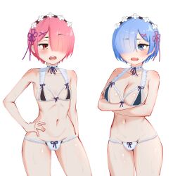 2girls adapted_costume annoyed arm_at_side arms_under_breasts babywipes bikini black_bikini blue_eyes blue_hair blush breasts collarbone cowboy_shot crossed_arms female_focus frilled_bikini frills hair_over_one_eye hand_on_own_hip large_breasts looking_at_another looking_to_the_side maid maid_headdress matching_hair/eyes multicolored_bikini multicolored_clothes multiple_girls navel open_mouth petite pink_eyes pink_hair ram_(re:zero) re:zero_kara_hajimeru_isekai_seikatsu rem_(re:zero) short_hair siblings simple_background sisters small_breasts standing swimsuit teeth twins two-tone_bikini unconventional_maid upper_teeth_only white_background white_bikini