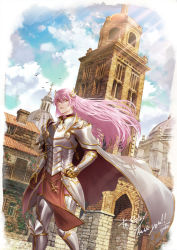 Rule 34 | armor, blue sky, building, cape, cloud, commission, day, gauntlets, knight, long hair, looking at viewer, outdoors, panmijin99, pink hair, skeb commission, sky, thank you