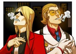 Rule 34 | 2boys, ace attorney, artist name, black shirt, blowing smoke, blue neckwear, bobby fulbright, cigarette, formal, ghost trick, gloves, holding, holding cigarette, long hair, long sleeves, male focus, medium hair, multiple boys, necktie, open mouth, outdoors, phoenix wright: ace attorney - dual destinies, red shirt, red suit, shirt, sidelocks, sissel (ghost trick), smoking, suit, sunglasses, tanken (outofcheeserror), tinted eyewear, upper body, white gloves, white neckwear, white suit, yomiel