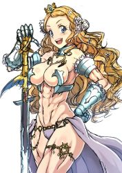 Rule 34 | 1girl, abs, armor, bare shoulders, bikini armor, blonde hair, breasts, clothing cutout, code of princess, crown, detached collar, flower, frills, gauntlets, hair flower, hair ornament, heart cutout, holding, holding sword, holding weapon, jewelry, large breasts, long hair, looking at viewer, open mouth, smile, solange blanchefleur de luxe, solo, sword, syunzou, thigh strap, thighs, toned, weapon, white background
