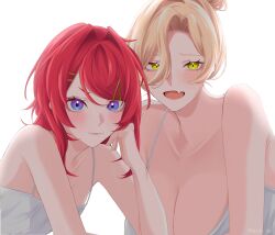Rule 34 | 2girls, absurdres, ange katrina, blonde hair, blue eyes, blush, breasts, camisole, fang, flat chest, hair between eyes, hair bun, hair intakes, hair ornament, hairclip, hand on own cheek, hand on own face, hazaki mani, highres, huge breasts, looking at viewer, medium hair, multiple girls, nijisanji, nui sociere, open mouth, parted bangs, red hair, skin fang, smile, spaghetti strap, swept bangs, upper body, virtual youtuber, white camisole, yellow eyes