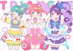 Rule 34 | 3girls, ;d, blue eyes, cowboy shot, cropped legs, dress, fingers to cheeks, flower, gloves, green eyes, group name, hair flower, hair ornament, hand on own hip, hand up, hands up, highres, hoshikuzu (pinkholic), idol clothes, junon (pripara), kanon (pripara), long hair, looking at viewer, multicolored hair, multiple girls, one eye closed, open mouth, pink flower, pink hair, pink skirt, pinon (pripara), pretty series, pripara, purple dress, purple hair, shirt, shooting star hair ornament, short sleeves, shorts, side ponytail, skirt, smile, standing, star (symbol), star hair ornament, streaked hair, v, white gloves, white shirt, yellow shorts
