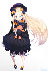 Rule 34 | 1girl, abigail williams (fate), black bow, black dress, blonde hair, bloomers, blue eyes, blush, bow, dress, fate/grand order, fate (series), forehead, full body, hair bow, highres, holding, holding stuffed toy, long hair, long sleeves, looking at viewer, marshall (wahooo), hugging object, orange bow, parted bangs, polka dot, polka dot bow, simple background, sleeves past wrists, solo, stuffed animal, stuffed toy, teddy bear, underwear, very long hair, white background, white bloomers