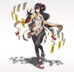 Rule 34 | 1girl, black hair, blurry, blurry background, bow, breasts, butterfly hair ornament, charm (object), cleavage, cleavage cutout, clothing cutout, floating, floating object, hair ornament, hand gesture, jade (gemstone), leg up, long hair, multicolored footwear, original, ponytail, pouch, red bow, red footwear, shoes, sneakers, solo, talisman, thigh pouch, thigh strap, very long hair, white footwear, wide sleeves, xleontan