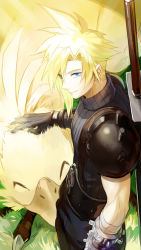 Rule 34 | 1boy, blonde hair, blue eyes, buster sword, chocobo, cloud strife, final fantasy, final fantasy vii, from above, grass, huge weapon, light smile, nature, outdoors, spiked hair, sword, weapon