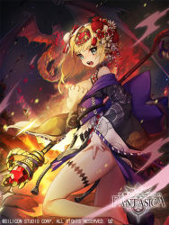 Rule 34 | 1girl, artist name, blonde hair, bow, breasts, cleavage, company name, copyright name, dragon, fire, flower, full body, green eyes, gyakushuu no fantasica, hair flower, hair ornament, japanese clothes, official art, open mouth, sandals, solo, staff, teeth, thighhighs, yamijam