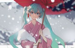 Rule 34 | 1girl, blue eyes, blue hair, blurry, blurry background, blush, cloud, cloudy sky, floral print, flower, fur shawl, hair flower, hair ornament, hanamoto410, hatsune miku, highres, holding, holding umbrella, japanese clothes, kimono, long hair, looking at viewer, oil-paper umbrella, pink kimono, red umbrella, shawl, sky, smile, snow, snowing, solo, twintails, umbrella, vocaloid, watermark