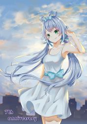 Rule 34 | 1girl, anniversary, blue hair, blush, bow, cityscape, cloud, cloudy sky, commentary, cowboy shot, day, dress, dress bow, english commentary, green eyes, hair bow, hair ribbon, hair rings, hand in own hair, hand up, lito, long hair, looking at viewer, luo tianyi, outdoors, ribbon, short hair with long locks, sidelocks, sky, smile, solo, spaghetti strap, very long hair, vocaloid, vocanese