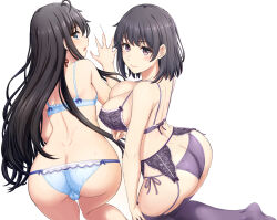 Rule 34 | 2girls, absurdres, ahoge, all fours, ass, back, black hair, blue bra, blue eyes, blue panties, bra, breasts, butt crack, cameltoe, cleavage, commentary request, from above, from behind, garter belt, garter straps, highres, inanaki shiki, large breasts, lingerie, long hair, looking at viewer, looking back, looking up, multiple girls, panties, purple bra, purple eyes, purple panties, short hair, siblings, simple background, sisters, small breasts, sweat, underwear, underwear only, white background, yahari ore no seishun lovecome wa machigatteiru., yukinoshita haruno, yukinoshita yukino
