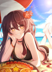 Rule 34 | 1girl, arm support, bare arms, bare shoulders, barefoot, beach, bikini, black bikini, black choker, blue sky, blush, breasts, brown hair, choker, cleavage, cloud, commentary request, day, feet up, flower-shaped pupils, food, genshin impact, ghostly march (genshin impact), grin, gya (144), hair between eyes, halterneck, hand on own cheek, hand on own face, head rest, highres, hu tao (genshin impact), long hair, looking at viewer, lying, medium breasts, on stomach, outdoors, red eyes, sky, smile, solo, swimsuit, symbol-shaped pupils, the pose, very long hair, wristband
