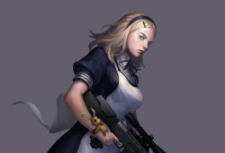Rule 34 | assault rifle, blonde hair, blue eyes, counter-strike, counter-strike (series), counter-strike online, grey background, gun, hairband, highres, looking at viewer, maid, rifle, sig sg550, simple background, sniper rifle, weapon