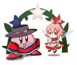 Rule 34 | 1boy, 1girl, alternate costume, blue eyes, blush stickers, chile, dress, fairy, fairy wings, frilled dress, frills, hat, kirby, kirby (series), konna-nani, nintendo, open mouth, pink hair, poncho, ribbon (kirby), short hair, smile, wings