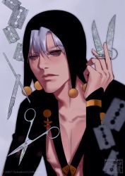 Rule 34 | 1boy, black coat, black sclera, chest harness, closed mouth, coat, colored sclera, greeny (maindo), harness, hat, jojo no kimyou na bouken, looking at viewer, male focus, nipples, pectorals, red eyes, risotto nero, scissors, short hair, solo, vento aureo, white hair