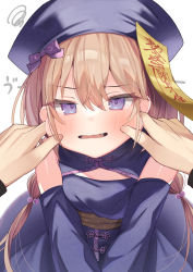 Rule 34 | 1boy, 1girl, bare shoulders, blue dress, blue headwear, blue sleeves, blush, brown hair, cheek pull, commentary request, detached sleeves, dress, ebihara beniko, fang, hair between eyes, highres, jiangshi costume, long hair, long sleeves, looking at viewer, ofuda, original, out of frame, parted lips, purple eyes, simple background, sleeveless, sleeveless dress, squiggle, translation request, v-shaped eyebrows, wavy mouth, white background