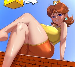 1girl ?_block arm_support barefoot breasts brick_block brown_hair crossed_legs feet grin highres large_breasts legs mario_(series) nintendo princess princess_daisy seductive_gaze seductive_smile shirt short_hair shorts sitting sleeveless sleeveless_shirt smile solo source_request teeth thick_thighs thighs xendraw