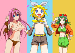 Rule 34 | 00s, 3girls, blonde hair, blue eyes, blush, bow, breasts, covering privates, covering breasts, detached sleeves, green eyes, green hair, grin, gumi, hair bow, hair ornament, hairband, hairclip, hand on own hip, happy, holding, kagamine rin, large breasts, long hair, looking at viewer, matching hair/eyes, megurine luka, multicolored background, multiple girls, n2m3, navel, no bra, no nose, open mouth, pink hair, short hair, shorts, smile, standing, topless, underboob, vocaloid, white bow
