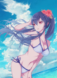 Rule 34 | 10s, 1girl, arm behind head, arm up, bikini, blue hair, blue sky, breasts, cleavage, cloud, cloudy sky, collarbone, commentary request, cowboy shot, day, dutch angle, flower, hair flower, hair ornament, hibiscus, highres, kantai collection, leaning forward, long hair, looking away, medium breasts, nagidango, navel, ocean, outdoors, parted lips, pink eyes, ponytail, revision, side-tie bikini bottom, sidelocks, sky, solo, standing, stomach, swimsuit, teeth, very long hair, white bikini, wind, yahagi (kancolle)