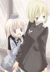 Rule 34 | 2girls, badge, bag, blonde hair, blue eyes, erica hartmann, hat, helma lennartz, holding another&#039;s arm, looking away, military, military uniform, multiple girls, school bag, short hair, strike witches, strike witches: suomus misfits squadron, takano natsuki, uniform, world witches series