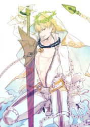 Rule 34 | 10s, 1boy, adapted costume, bad id, bad twitter id, blonde hair, bodysuit, center opening, chain, cosplay, ea (fate/stay night), enkidu (weapon) (fate), fate/extra, fate/extra ccc, fate (series), gilgamesh (fate), laurel crown, lock, male focus, masakane, nero claudius (bride) (fate), nero claudius (fate), nero claudius (fate), padlock, red eyes, saber bride (cosplay), short hair, solo, squatting, veil