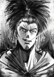 Rule 34 | 1boy, artist name, atomic samurai, cape, commentary, english commentary, greyscale, grin, highres, looking at viewer, male focus, manly, monochrome, mouth hold, one-punch man, portrait, sanpaku, smile, solo, the golden smurf, topknot