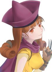 Rule 34 | 1girl, alena (dq4), breasts, cape, chil0107, claws, closed mouth, curly hair, dragon quest, dragon quest iv, gloves, hat, highres, long hair, looking at viewer, orange hair, red eyes, simple background, smile, solo, tokuhonnti ru, white background
